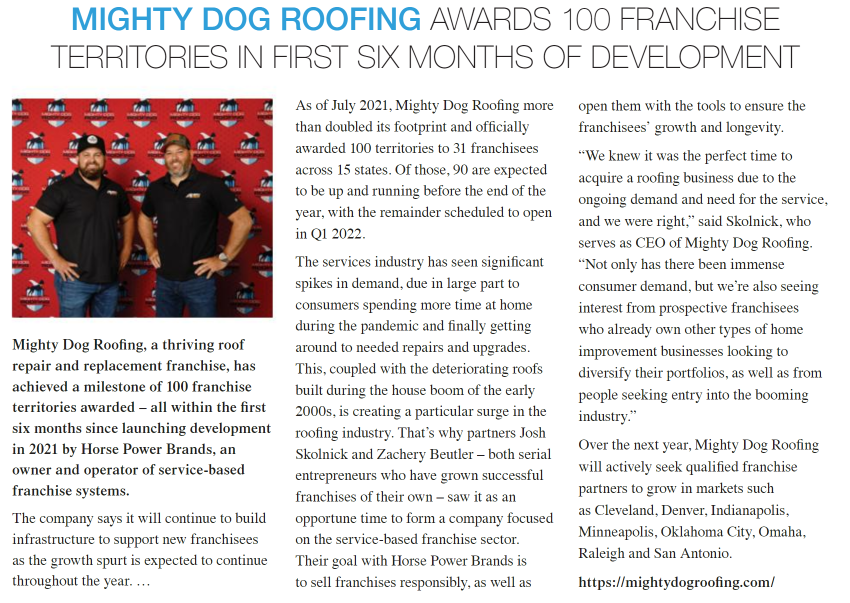 Mighty Dog Roofing Awards 100th Franchise