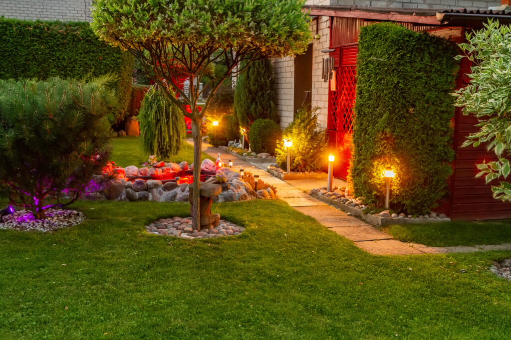 garden landscape with lamps