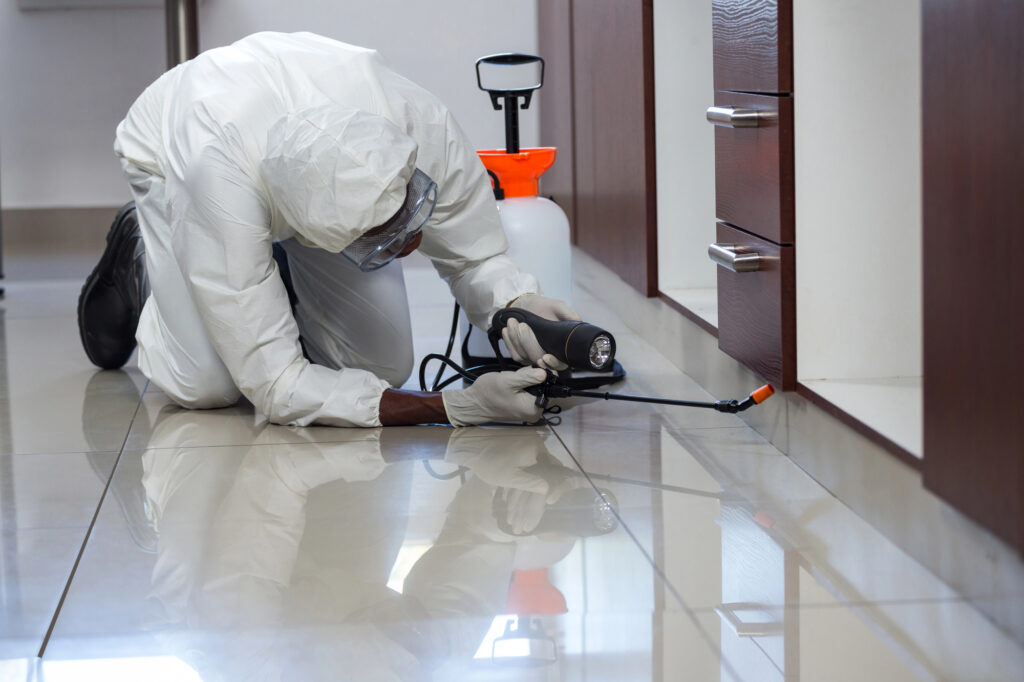 Pest control man spraying pesticide